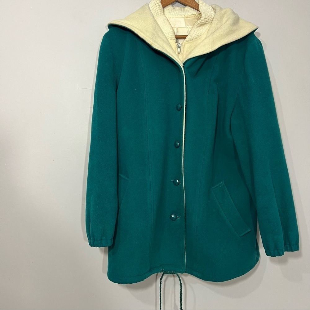 Vintage Green Wool Hooded Jacket Indie Hipster Retro Vest Pea Coat Cottagecore - Picture 12 of 16